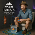 HighPeak Toilet Fishing Kit with fishing pole, fish bowl, and mat, shown in bathroom with man fishing on toilet seat.