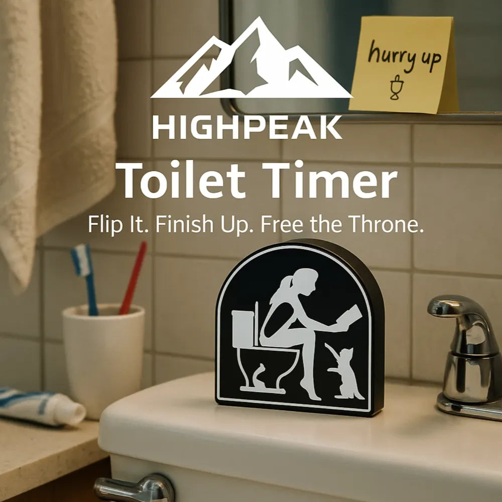 HighPeak Toilet Timer with iconic silhouette and sand timer on toilet tank beside bathroom mirror and faucet