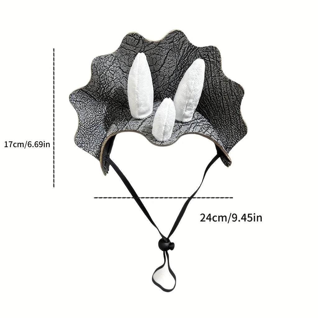 Front view of the Triceratops pet hat showing 9.45-inch width and 6.69-inch height
