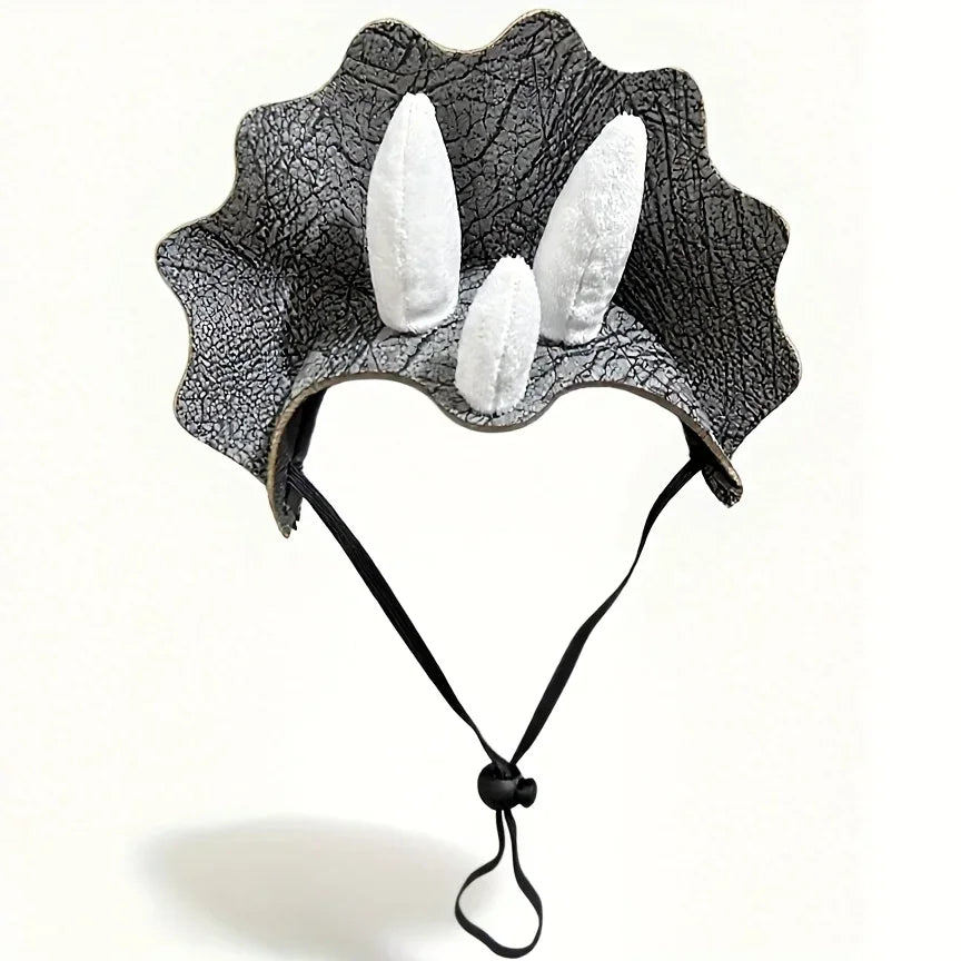 Gray Triceratops pet costume headpiece with three white horns, broad frill and adjustable black chin cord