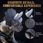 Close-up collage of the Triceratops pet headpiece horns, gray frill pattern and cord fastening