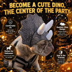 French Bulldog in the gray Triceratops hat against a gold Halloween party background with feature callouts