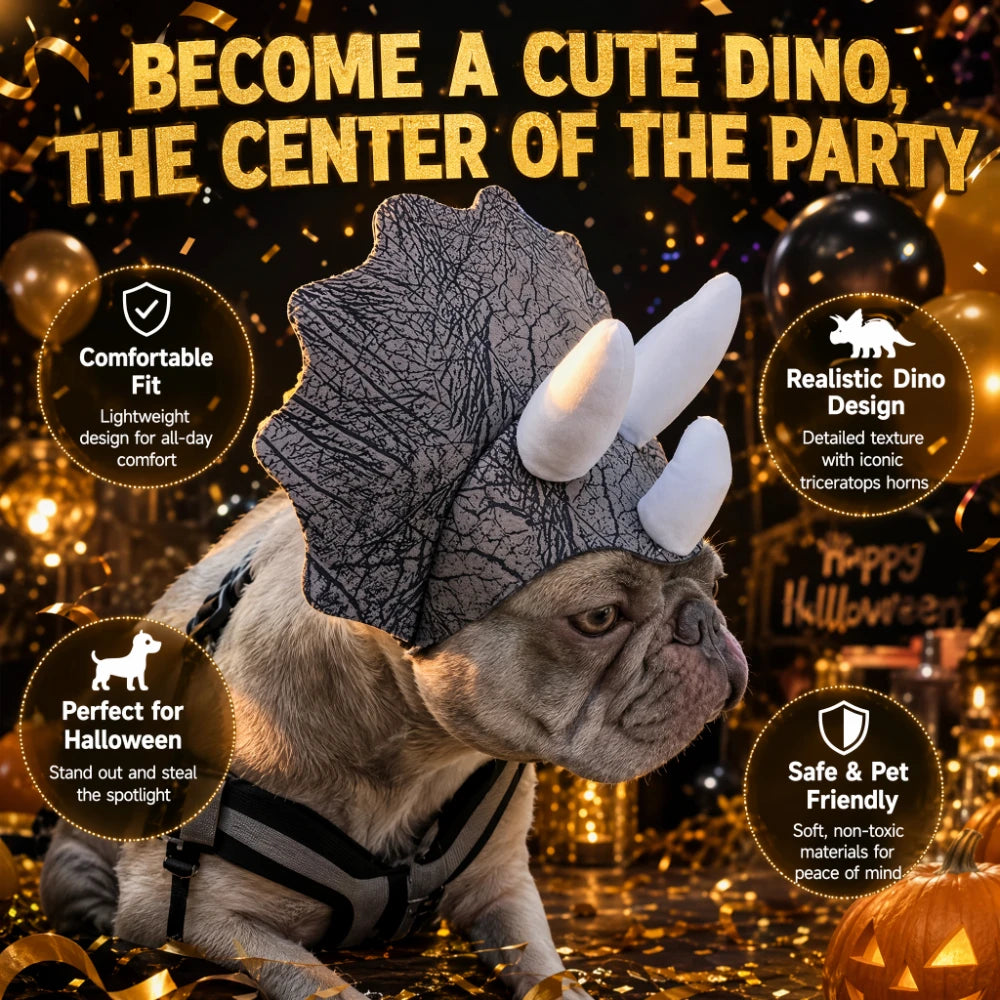 French Bulldog in the gray Triceratops hat against a gold Halloween party background with feature callouts