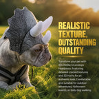 Outdoor close-up of a French Bulldog wearing the gray crackle-pattern Triceratops headpiece