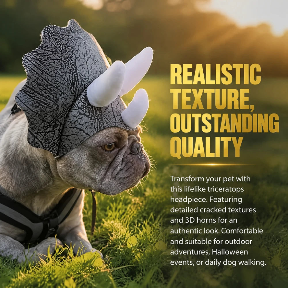 Outdoor close-up of a French Bulldog wearing the gray crackle-pattern Triceratops headpiece