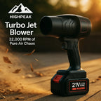 HighPeak Turbo Jet Blower in black with 21V battery on dusty ground showcasing cordless high-pressure air power.