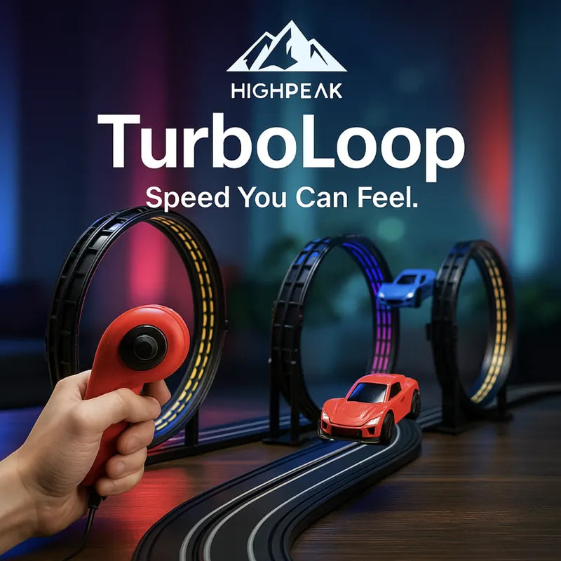 HighPeak TurboLoop™ Car Track Set with red controller and red electric slot car racing through loops on black track
