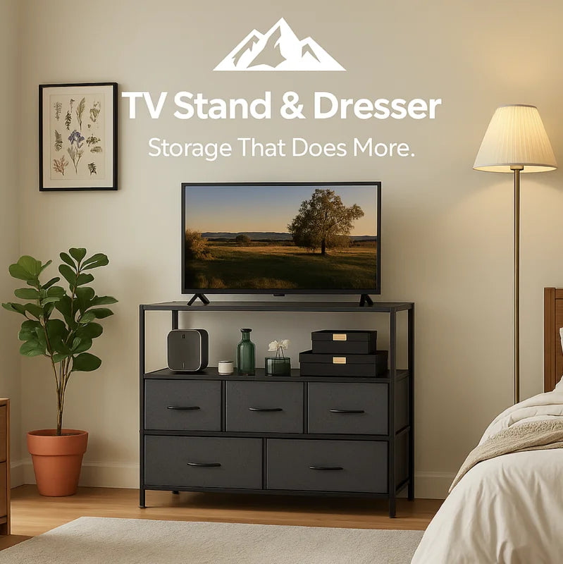 HighPeak TV Stand & Dresser in black with fabric drawers and open shelving in a modern, minimalist bedroom setup