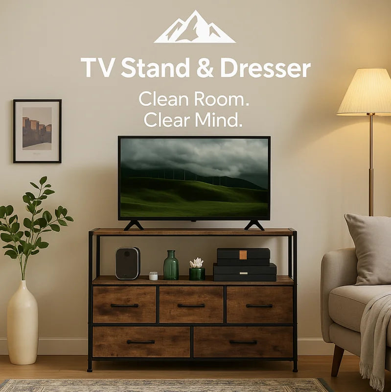 HighPeak TV Stand & Dresser in wood and black metal with deep drawers and open shelves in a cozy living room setting