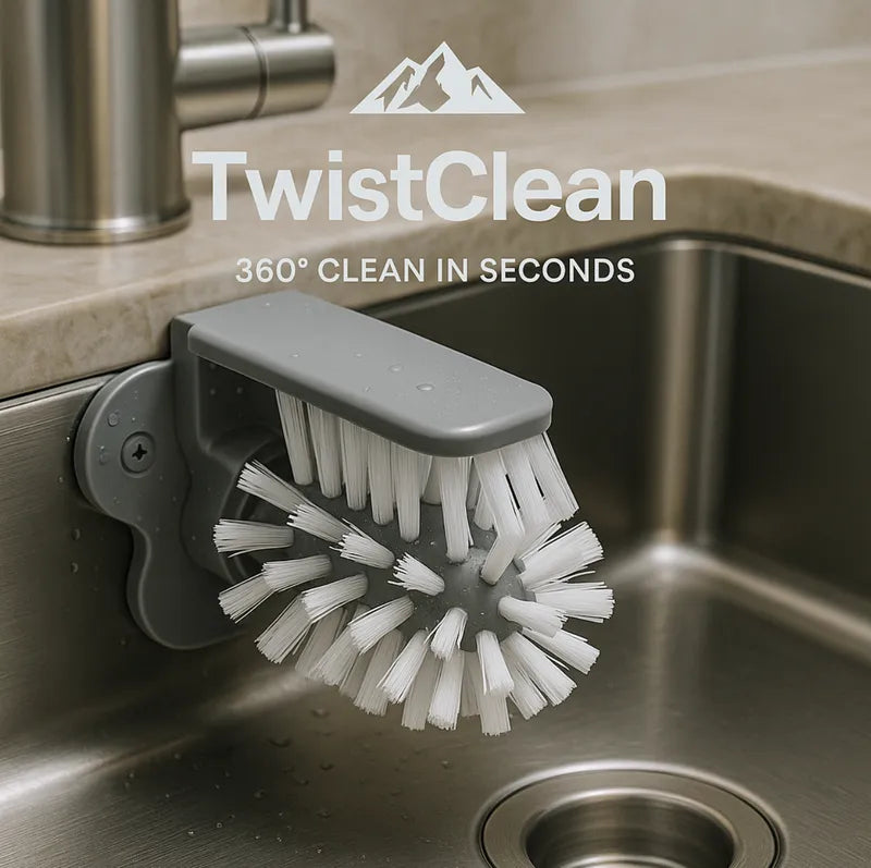 TwistClean™ - Cup & Glass Scrubber in gray mounted on a stainless steel sink with white bristles cleaning inside cups.