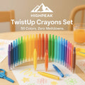 HighPeak TwistUp Crayons Set with 50 vibrant colors arranged in a rainbow arc on a wooden table.