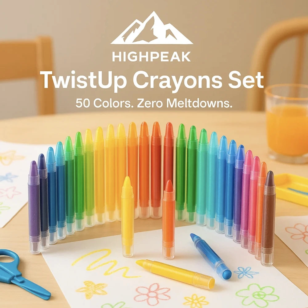 HighPeak TwistUp Crayons Set with 50 vibrant colors arranged in a rainbow arc on a wooden table.