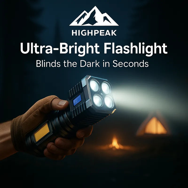 HighPeak Ultra-Bright Flashlight with 4 LED spotlight in hand shining toward a dark camping scene at night
