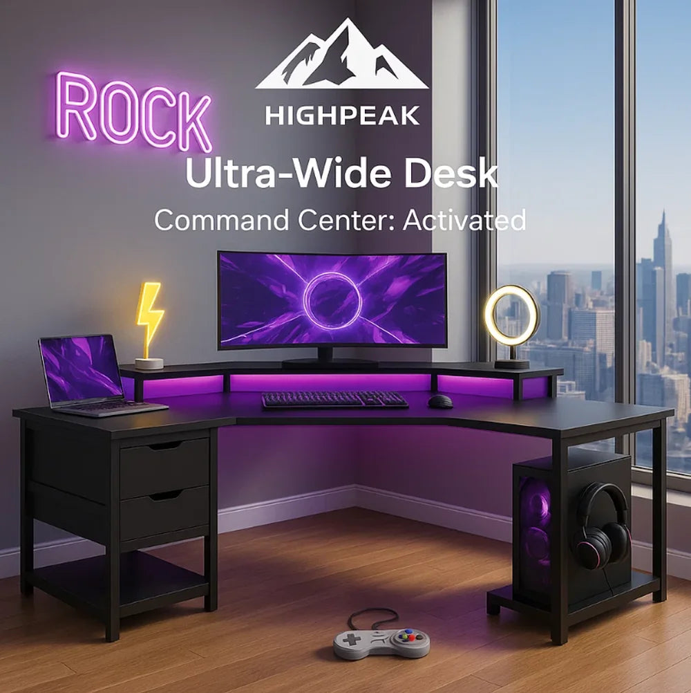 HighPeak Ultra-Wide Gaming Desk in black with RGB lighting, dual drawers, monitor riser, and spacious corner setup.