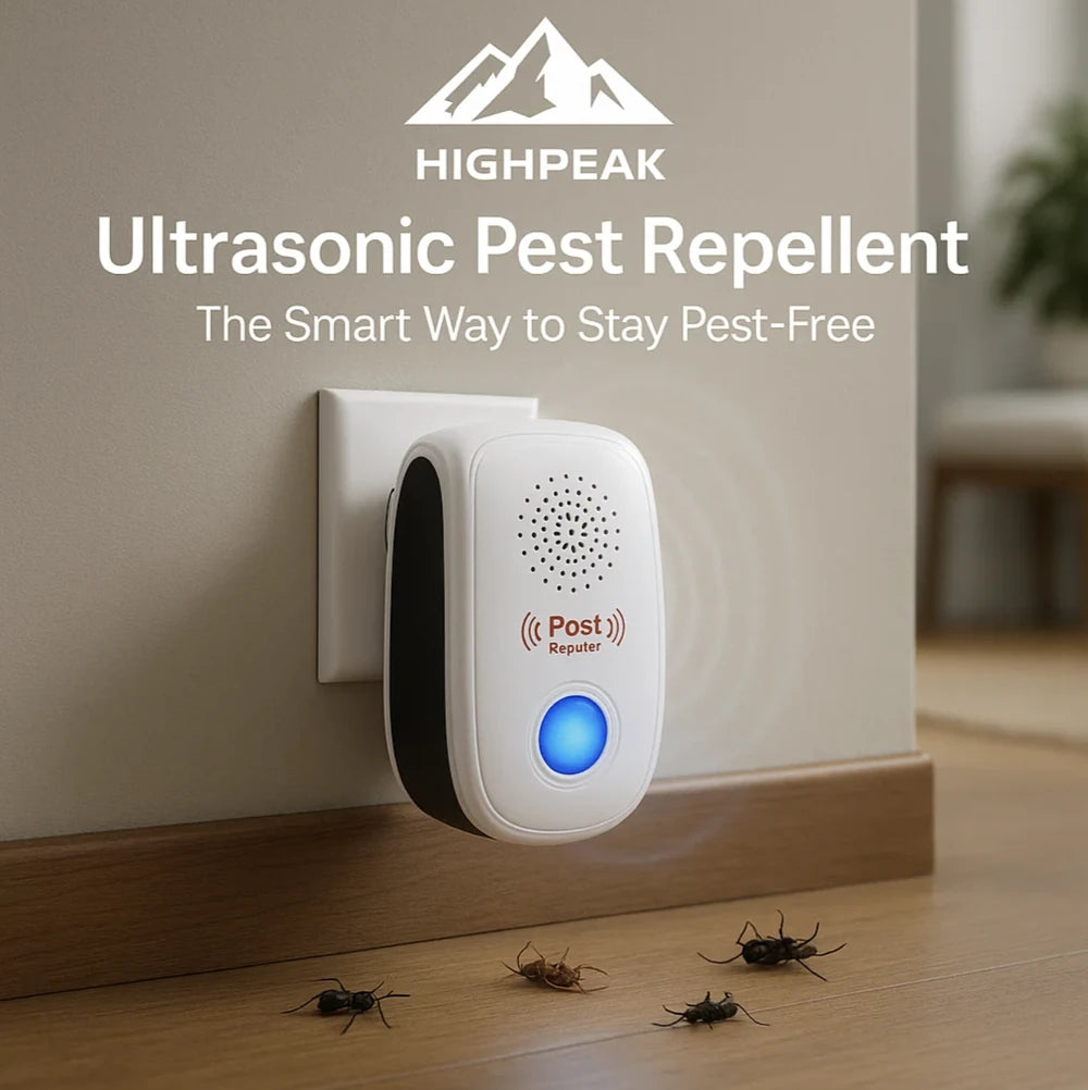 HighPeak Ultrasonic Pest Repellent plugged into wall with blue light, repelling insects on hardwood floor in home setting
