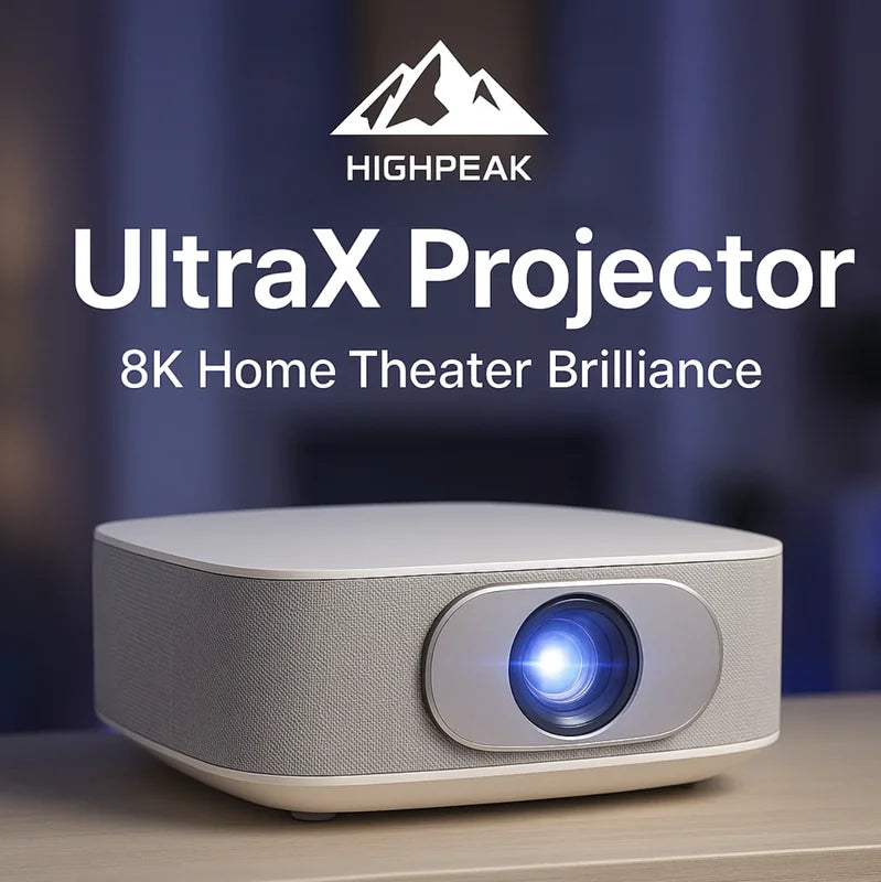 HighPeak UltraX Projector in white showcasing 8K home theater brilliance for the Upgrade to A Higher End Projector product