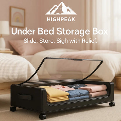 HighPeak Under Bed Storage Box w/ Wheels in black with clear lid showing neatly folded clothes under bed in bedroom.