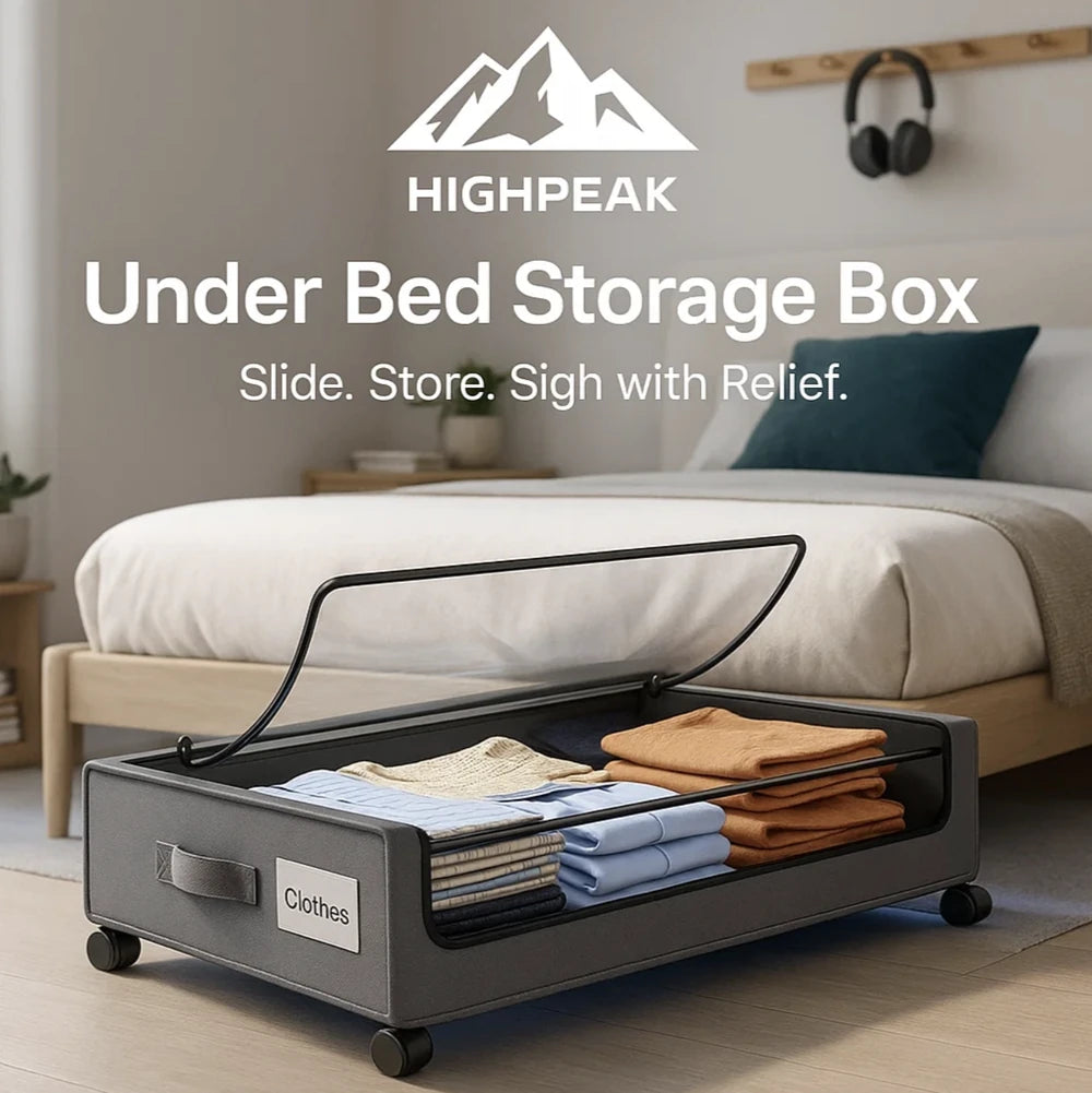 HighPeak Under Bed Storage Box w Wheels in gray with metal frame and clear window storing folded clothes under bed