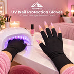 UV Nail Protection Gloves in black on hands beside a glowing nail lamp at a pink bedroom vanity