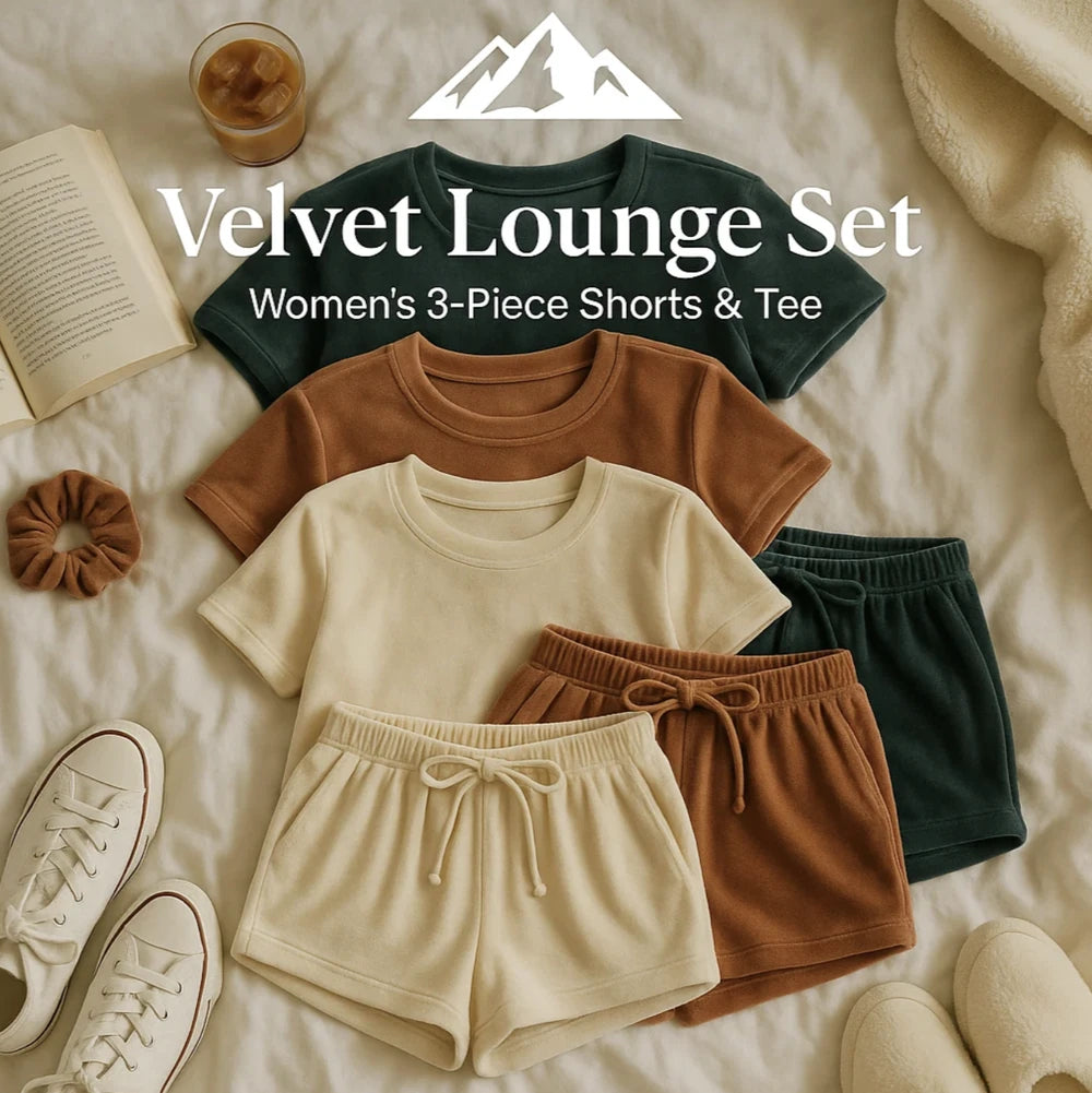 HighPeak Velvet Lounge Set Women’s 3-Piece Shorts & Tee in cream, brown, and dark green laid out on a bed