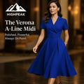 HighPeak The Verona A-Line Midi Dress in royal blue with belt and collar worn by woman in elegant indoor setting