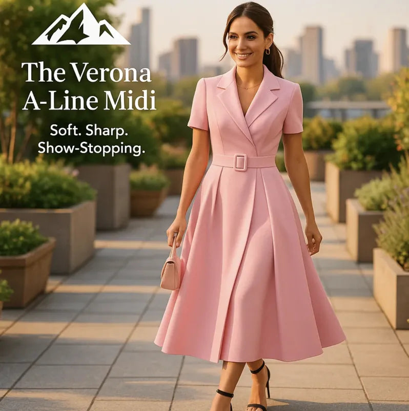 HighPeak The Verona A-Line Midi Dress in pink with built-in belt and collar, worn outdoors in a cityscape setting