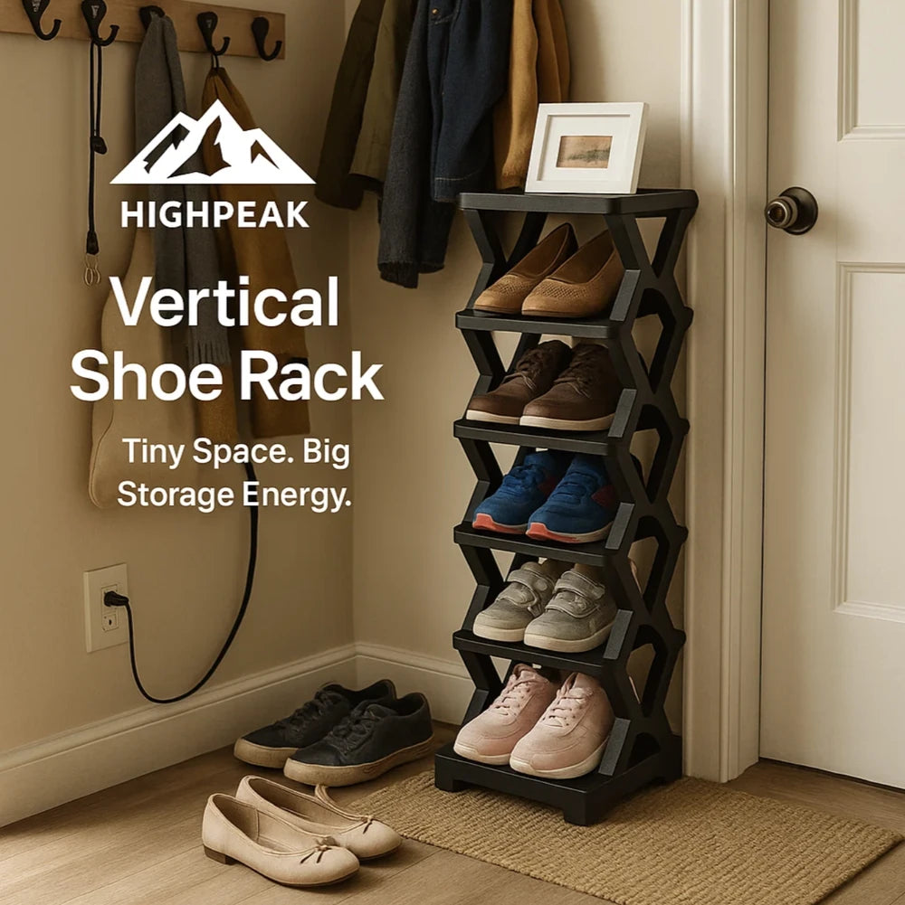 HighPeak Vertical Folding Shoe Rack in black with six tiers holding shoes, placed in a cozy entryway corner.