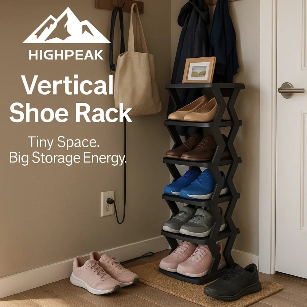 HighPeak Vertical Folding Shoe Rack in black, slim stackable design holding multiple pairs by an entryway door