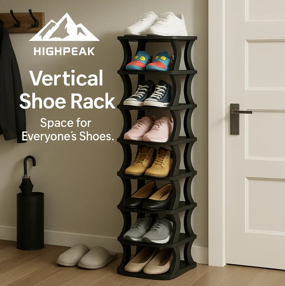 HighPeak Vertical Folding Shoe Rack in black with multiple shoe pairs, slim design fits neatly by a white door.