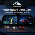 HighPeak VisionDrive Dash Cam showing 4K video and navigation on a rearview mirror display at night