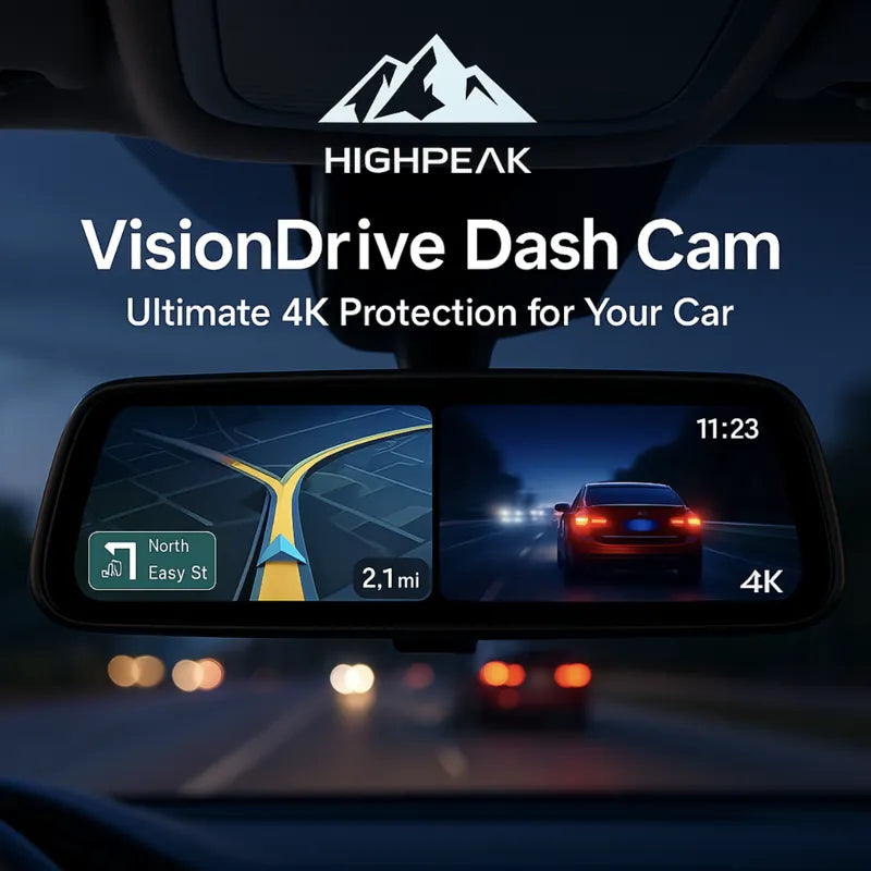 HighPeak VisionDrive Dash Cam showing 4K video and navigation on a rearview mirror display at night