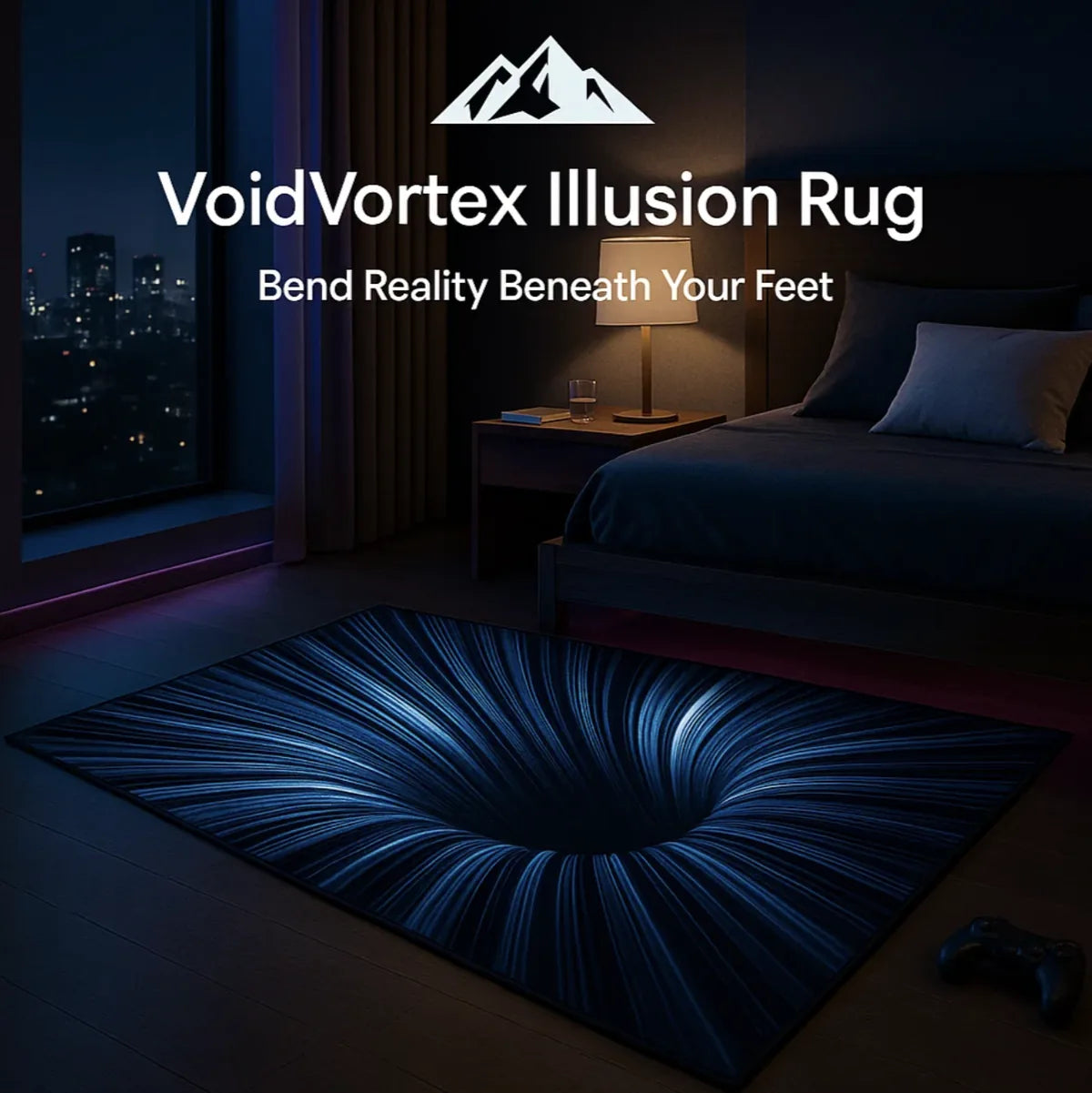 VoidVortex™ 3D Illusion Rug in dark blue with vortex design in a modern bedroom by HighPeak lighting