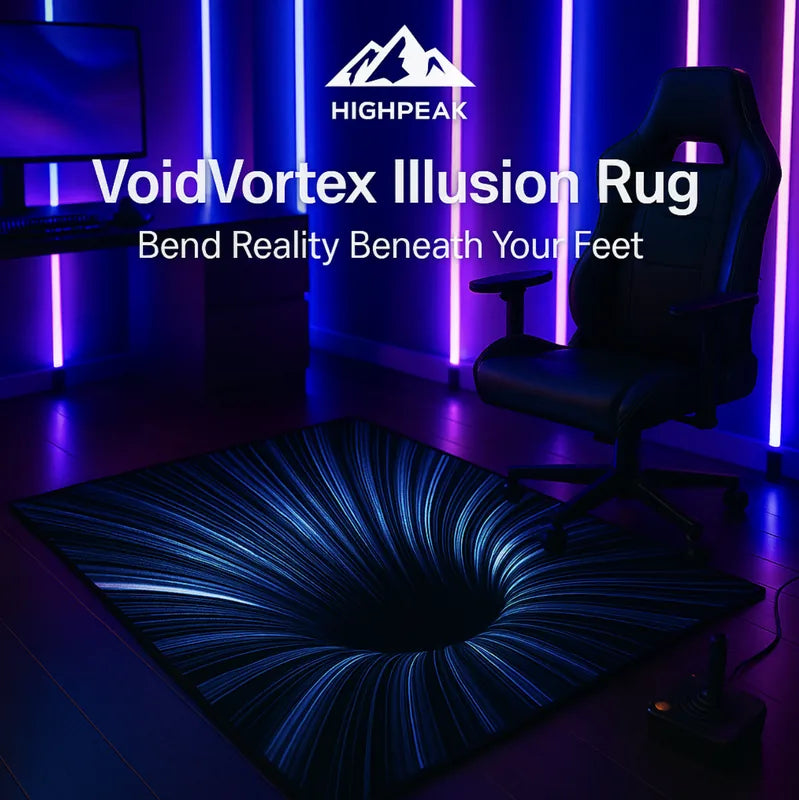 HighPeak VoidVortex™ 3D Illusion Rug in black with blue vortex design in a neon-lit gaming room setup