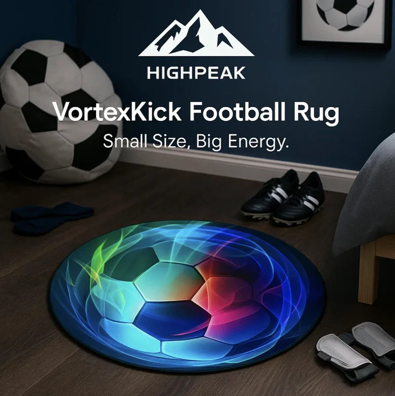 HighPeak VortexKick Football Rug with vibrant 3D soccer design on dark floor near sports gear in a bedroom setting