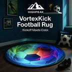 HighPeak VortexKick Football Rug with vibrant blue, red, and green soccer design in a modern game room setting
