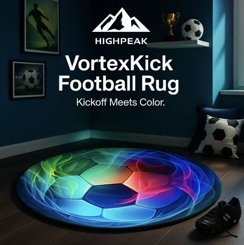 HighPeak VortexKick Football Rug with vibrant multicolor soccer ball design in a stylish game room setting