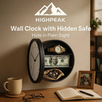 HighPeak Wall Clock w/ Hidden Safe in black, showing open compartment storing cash and jewelry on a home office wall