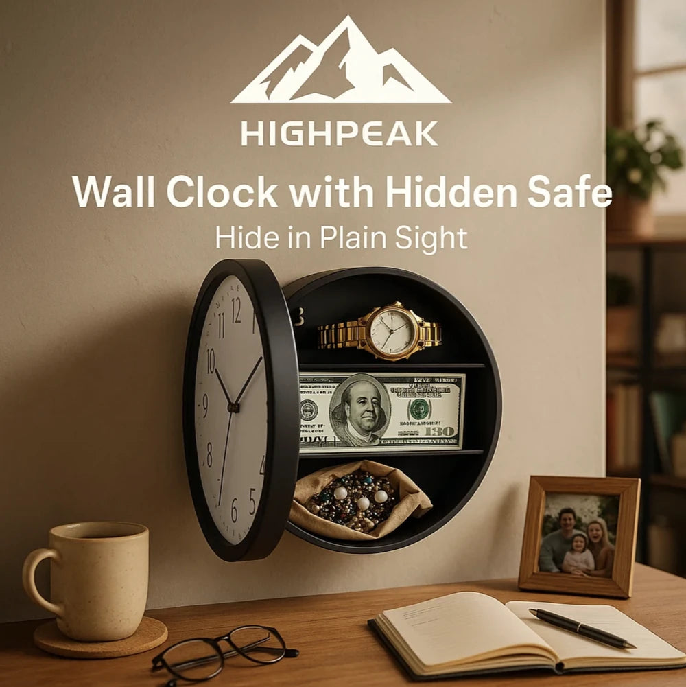 HighPeak Wall Clock w/ Hidden Safe in black, showing open compartment storing cash and jewelry on a home office wall