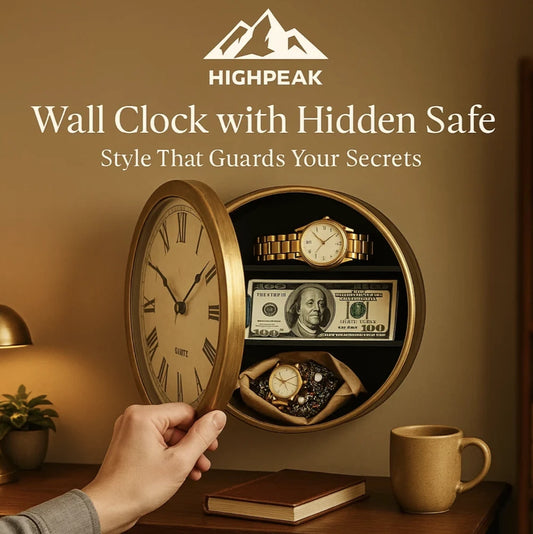 HighPeak Wall Clock w Hidden Safe in vintage wood finish opened to reveal hidden compartment with valuables inside