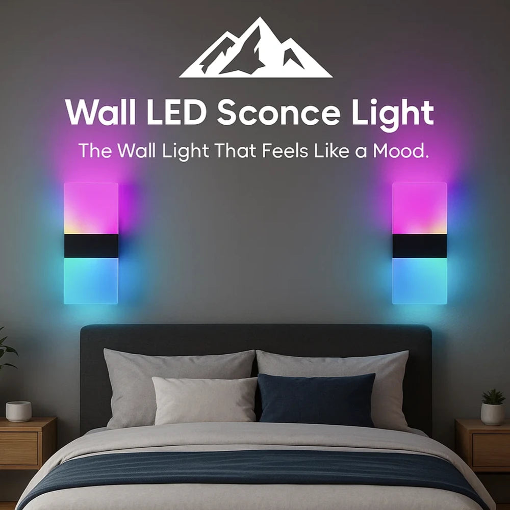 HighPeak Wall LED Sconce Light (2-Pack) glowing in vibrant colors above bed in modern bedroom setting