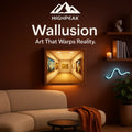 HighPeak Wallusion 3D optical illusion wall art with built-in lighting in a warm, modern living room setting.