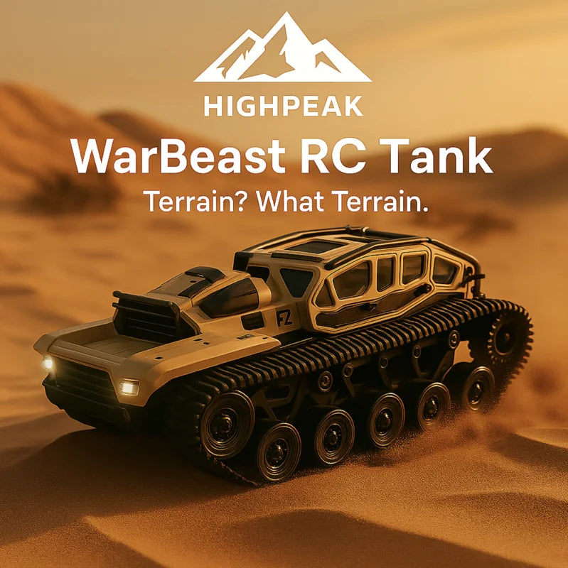 HighPeak WarBeast RC Tank in tan with tracked treads and LED lights driving on sandy terrain for all-terrain adventure.