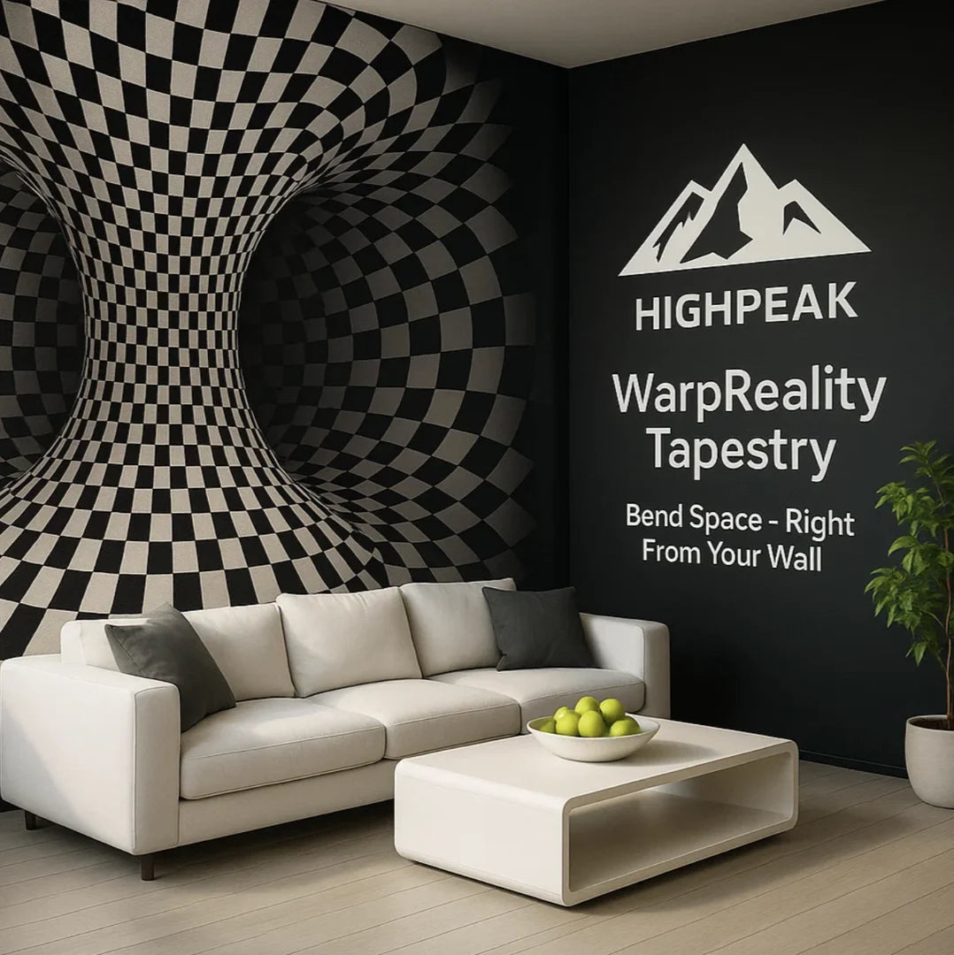 HighPeak WarpReality™ 3D Optical Illusion Tapestry in black and white displayed in modern living room setting.