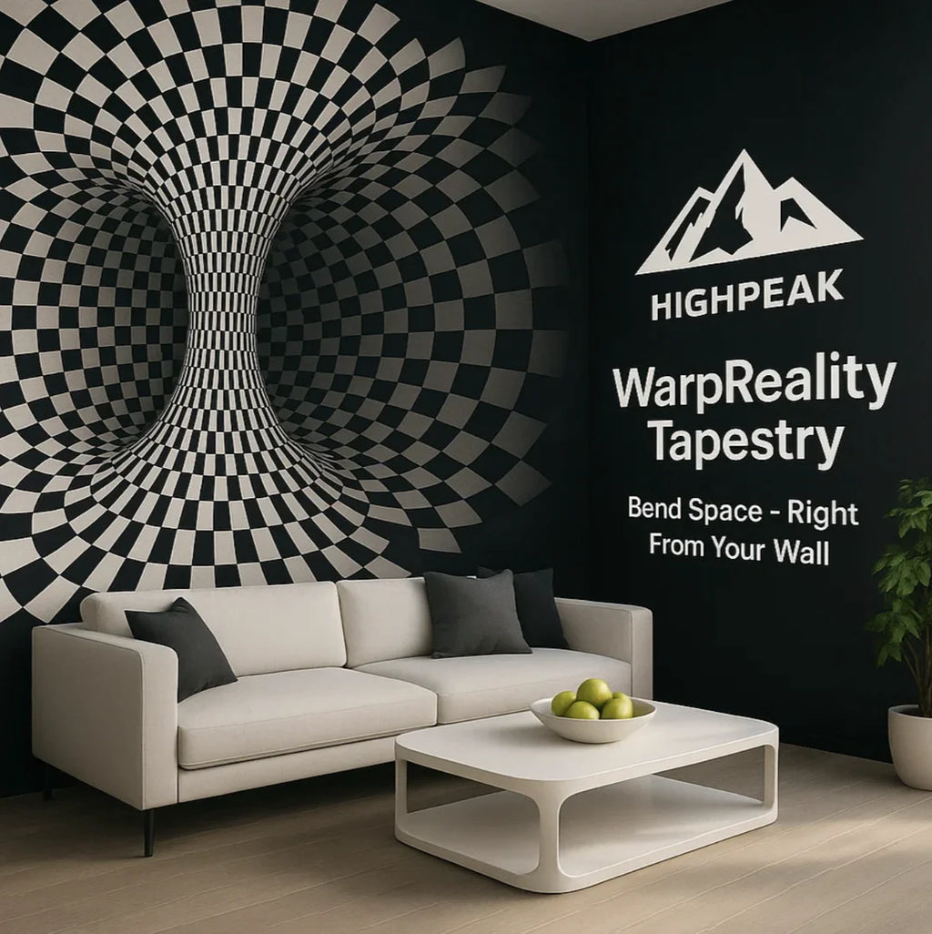 HighPeak WarpReality™ 3D Optical Illusion Tapestry in black and white behind a white sofa in modern living room