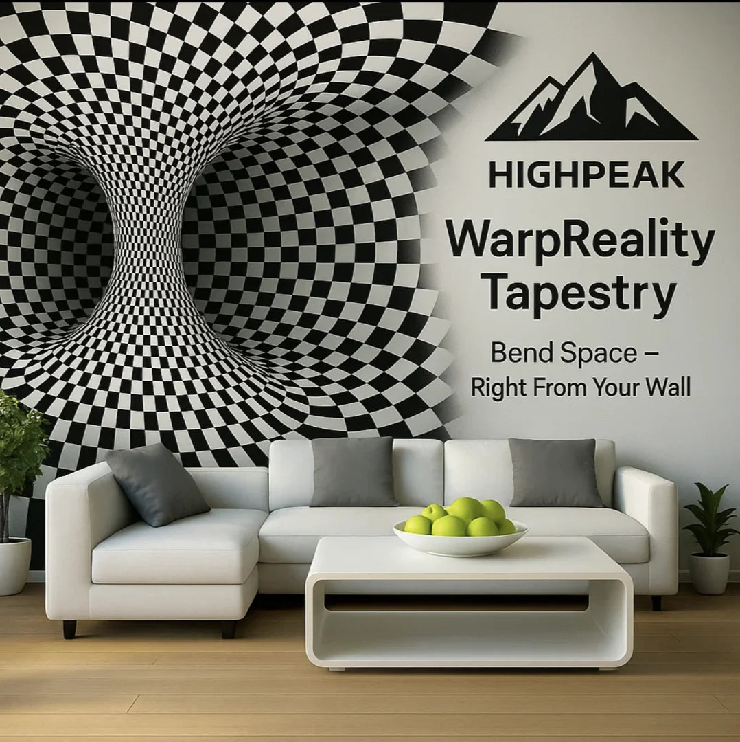 HighPeak WarpReality™ 3D Optical Illusion Tapestry in black and white above modern white sofa in living room
