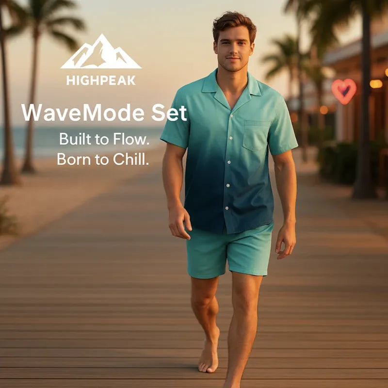 HighPeak WaveMode Set featuring gradient ombré button-down and matching shorts on beach boardwalk at sunset