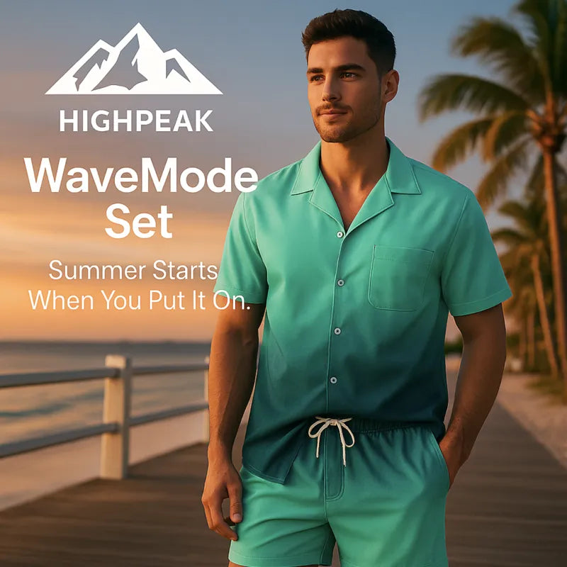 HighPeak WaveMode Set in green gradient ombré with button-down shirt and drawstring shorts on beach boardwalk at sunset
