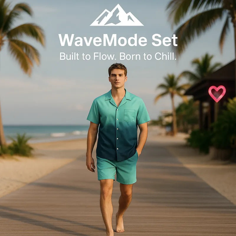 HighPeak WaveMode Set with teal and navy gradient button-down and shorts, modeled on a sunny beach boardwalk