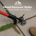 HighPeak Weed Remover Roller with red handle and three wheels clearing weeds from concrete cracks on a driveway