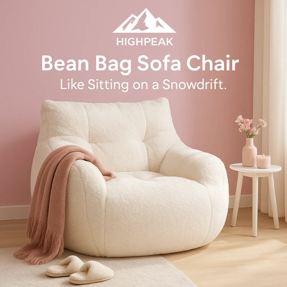 HighPeak Bean Bag Sofa Chair in cream sherpa fabric with ergonomic tufted design in a cozy pink room setting